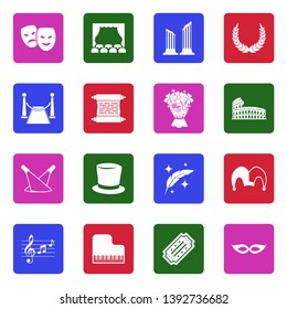 Theater Icons. White Flat Design In Square. Vector Illustration. 