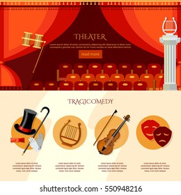 Theater infographics, comedy and tragedy. Theater curtain and stage vector illustration 