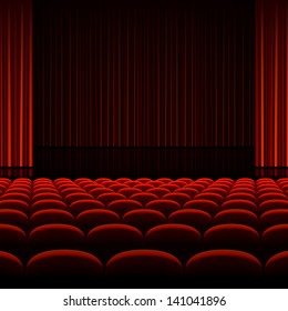 Theater interior with red curtains and seats. Vector.