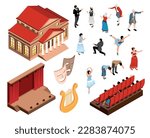 Theater isometric color set of playing actors dancers spectators stage auditorium theatre building isolated at white background vector illustration