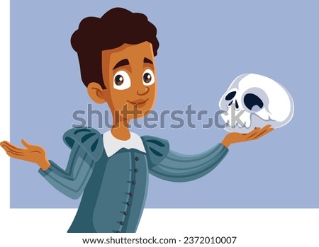 
Theater Kid Acting in Hamlet Play Vector Cartoon Illustration. Talented child actor playing a man character ion monologue scene 
