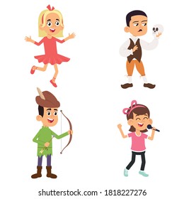 Theater kids. Children making performance at school stage vector funny characters theatre actors in action poses