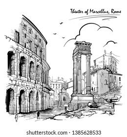 Theater von Marcellus und Portico von Octavia in Rom, Italien. Stilskizze gravieren. Vintage-Design. Reiseskizzenzeichnung. EPS10-Vektorillustration-Illustration.