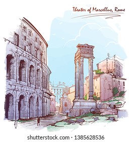 Theater of Marcellus and portico of Octavia in Rome, Italy. Painted sketch. Vintage design. Travel sketchbook drawing. EPS10 vector illustration.