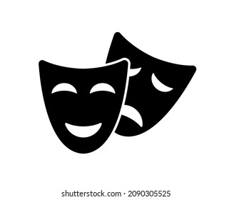 Theater mask. Drama and comedy theatre mask. Icon of actor in masquerade. Pictogram of culture. Logo of entertainment, art and tragedy. Vector black silhouette.