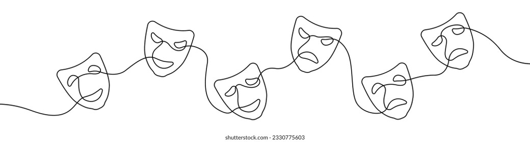 Icono lineal del vector de la emoción de mascarilla de teatro. Mascarada tragedia y humor una línea en un vector de línea. Diseño de contorno lineal de la máscara facial Set of Theater. Ilustración vectorial.
