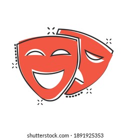 Theater Mask Icon In Comic Style. Comedy And Tragedy Cartoon Vector Illustration On White Isolated Background. Smile Face Splash Effect Business Concept.