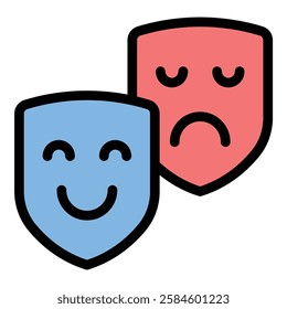 Theater Mask Icon Dramatic Expression in Flat Line Color Style.