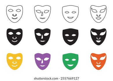 Theater mask icon in flat style isolated on white background. Comedy, drama, tragedy symbol. Masquerade, Comic and tragic mask icon