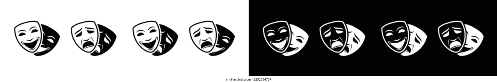 Juego de iconos de máscara de teatro. Icono de Masquerade. Signo de máscara de teatro dramática. Símbolo de máscara feliz y triste con línea o contorno y estilo plano para aplicaciones y sitios web, ilustración vectorial