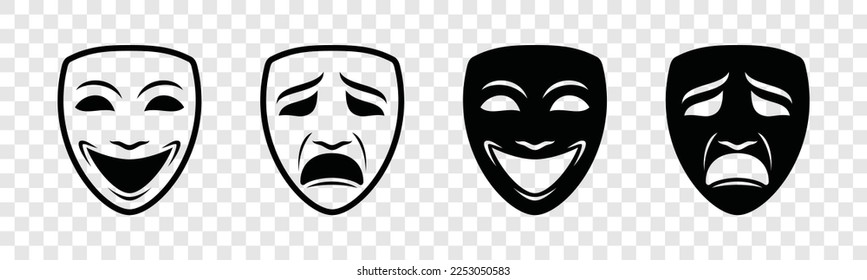 Theater mask icon set. Masquerade icon on transparent background. Drama theater mask sign. Happy and sad mask symbol with line or outline and flat style for apps and websites, vector illustration