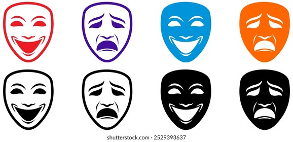 Conjunto de iconos de máscara de teatro. Icono de mascarada sobre fondo transparente. Señal de la máscara del teatro dramático. Símbolo de máscara feliz y triste con línea o contorno y estilo plano para App y Sitios web, Ilustración vectorial