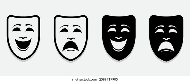 Theater mask icon vector illustration representing drama, performance, and acting. Ideal for social media posts, event promotions, stage shows, and entertainment-themed graphics.