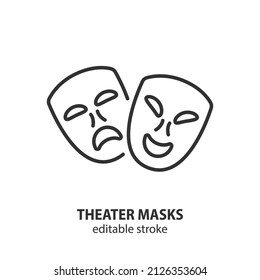 Theater Mask Line Icon. Comedy And Tragedy Vector Symbol. Editable Stroke.