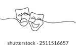 Theater mask one line drawing, opera event symbols continuous hand drawn, theater humor smile mask one line continuous line art, mask one line vector isolated design element