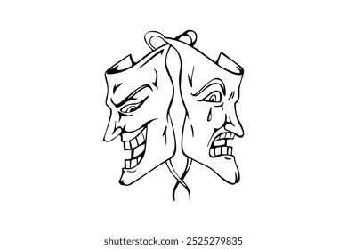 Theater mask, scary sketch vector illustration with evil smile and sad face, suitable for horror themes and dramatic arts