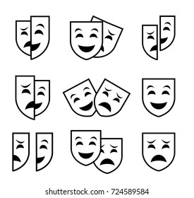 theater mask symbols vector set, sad and happy concept