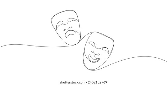 Theater mask tragedy and humor one line continuous line art. Character mask sketch. Smiling face and crying face outline vector illustration isolated on white background