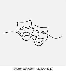 Theater Mask Tragedy And Humor Oneline Continuous Line Art