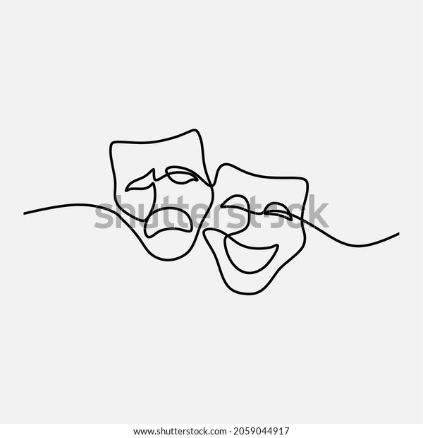 theater mask tragedy and humor oneline continuous\
line art