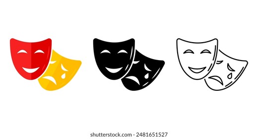 Theater mask vector icon set. Comedy and tragedy masks.