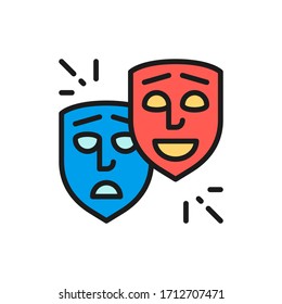 Theater masks, comedy and tragedy faces, smile and sad flat color line icon.