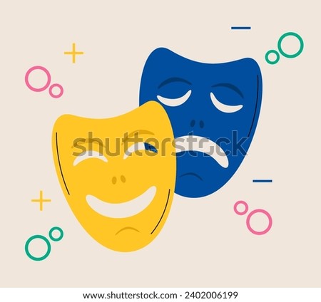 Theater masks. Comic and tragic mask icons. Happy and unhappy traditional symbol of theater. Colorful vector illustration
