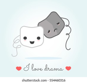 Theater masks cute vector. Kawaii style I love drama message. Happy and sad faces.