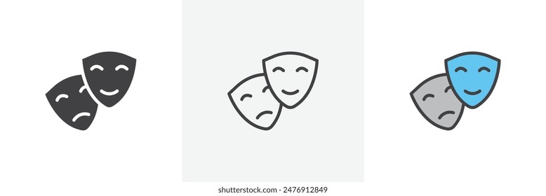 Theater masks flat thin line icon collection.