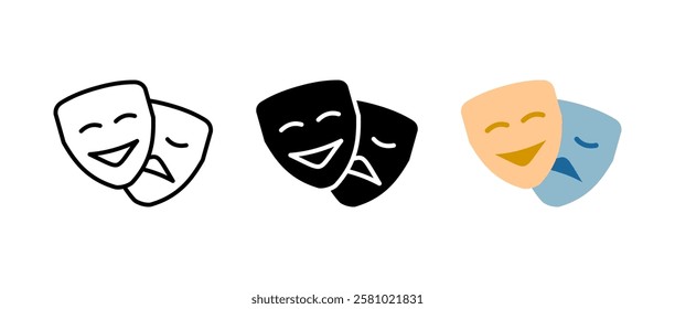 Theater masks icon. Classic comedy and tragedy sign. Drama and performance symbol. Artistic expression and cultural heritage pictogram. Traditional stage acting illustration.