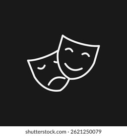 Theater Masks Icon Comedy and Tragedy White Line Drawing on Black Background for Performing Arts Symbols