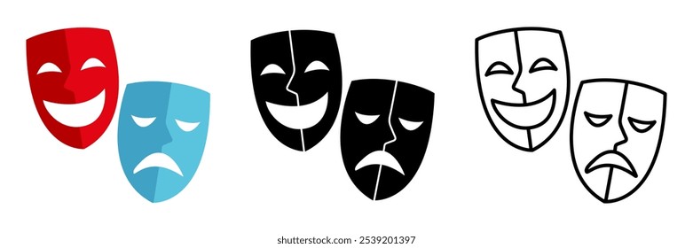 Symbol für Theatermasken. Komische und tragische Maskensymbole. Glücklich und unglücklich traditionelles Symbol des Theaters.