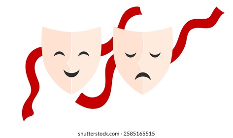 Theater masks icon. Comic and tragic mask with red ribbon traditional symbol. Theatre Day stickers. Flat Vector illustration. Flat Vector illustration isolated on white background