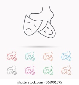 Theater masks icon. Drama and comedy sign. Masquerade or carnival symbol. Linear icons on white background.