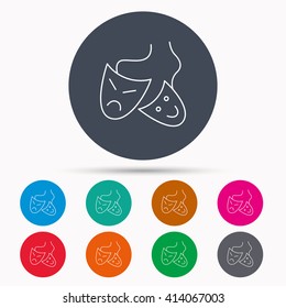 Theater masks icon. Drama and comedy sign. Masquerade or carnival symbol. Icons in colour circle buttons. Vector