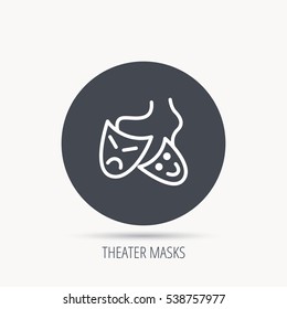 Theater masks icon. Drama and comedy sign. Masquerade or carnival symbol. Round web button with flat icon. Vector