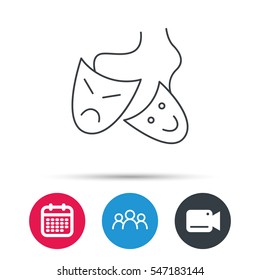 Theater masks icon. Drama and comedy sign. Masquerade or carnival symbol. Group of people, video cam and calendar icons. Vector