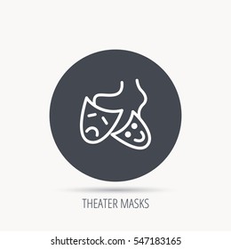 Theater masks icon. Drama and comedy sign. Masquerade or carnival symbol. Round web button with flat icon. Vector