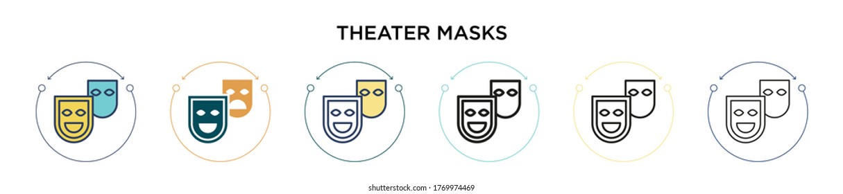 Theater masks icon in filled, thin line, outline and stroke style. Vector illustration of two colored and black theater masks vector icons designs can be used for mobile, ui, web