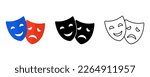 Theater masks icon set. Masquerade vector icons. Comic and tragic mask icons. Happy and unhappy traditional symbol of theater. Funny and sad theater masks. Vector Illustration
