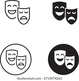 Conjunto de ícones de máscaras de teatro representando comédia e tragédia isolados no fundo branco, vetor, ilustração