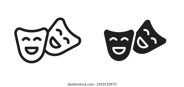 Theater masks icons in black line and filled versions