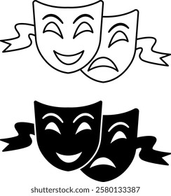 Theater Masks Icons. Black and White Vector Icons. Eye Cutouts. Smiling and Crying Mask. Brazilian Carnival Concept