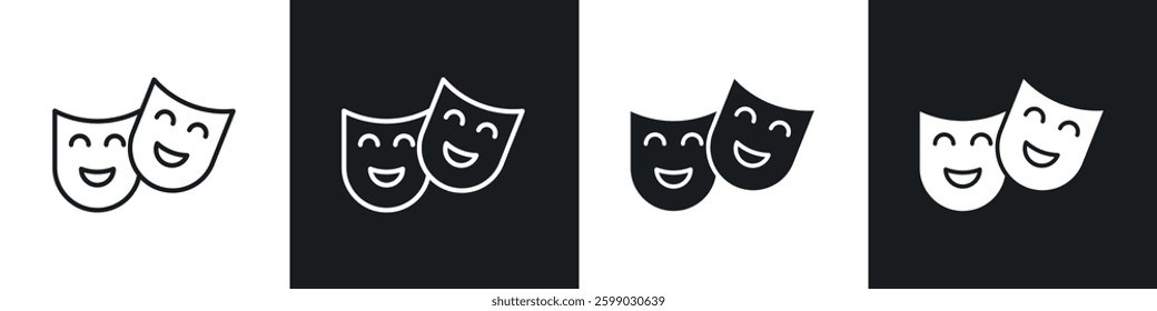 Theater masks icons in flat and linear vector illustration on white background.