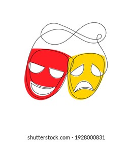 Theater Masks Isolated On White Background. Continuous Line Art Red And Yellow Laugh And Sad Theatre Mask. Vector Illustration