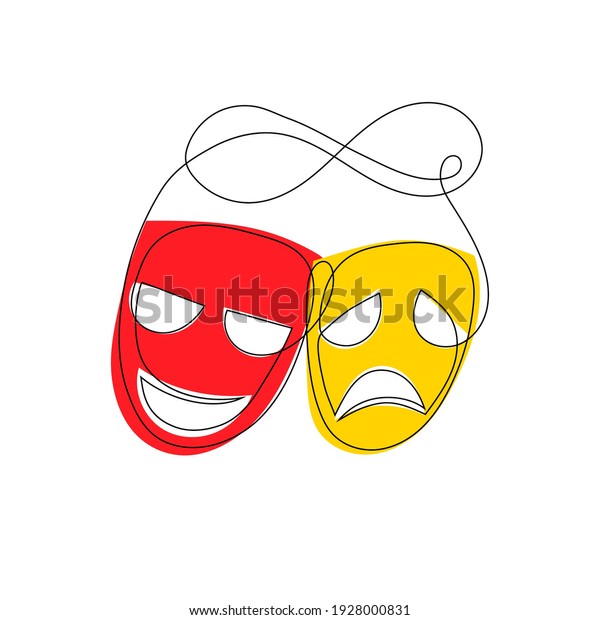 Theater masks isolated on white background.\
Continuous line art red and yellow laugh and sad theatre mask.\
Vector illustration