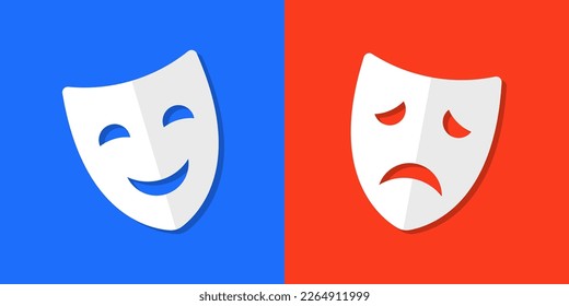 Theater masks. Masquerade vector icons. Comic and tragic mask icons. Happy and unhappy traditional symbol of theater. Funny and sad theater masks. Vector Illustration