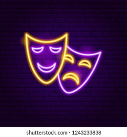 Theater Masks Neon Sign. Vector Illustration of Theatre Promotion.