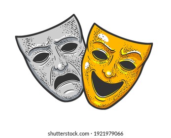 theater masks symbol sad and joyful color sketch engraving vector illustration. T-shirt apparel print design. Scratch board imitation. Black and white hand drawn image.