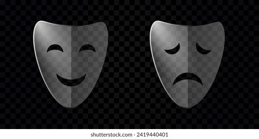 Theater masks with transparent effect isolated on background. Masquerade happy or sad emotion. Smiling icon. Theatrical mask, comic and tragic